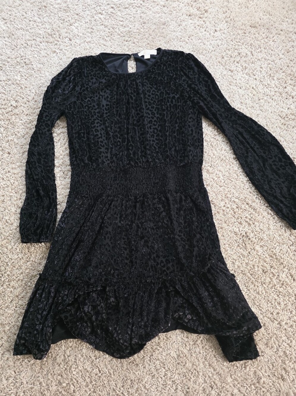 MICHAEL KORS Black Velvet Burnout Leopard Smocked Ruffle Mini Dress Size M